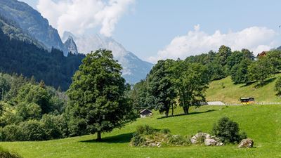 A Postbus driving through the Gadmen Valley.