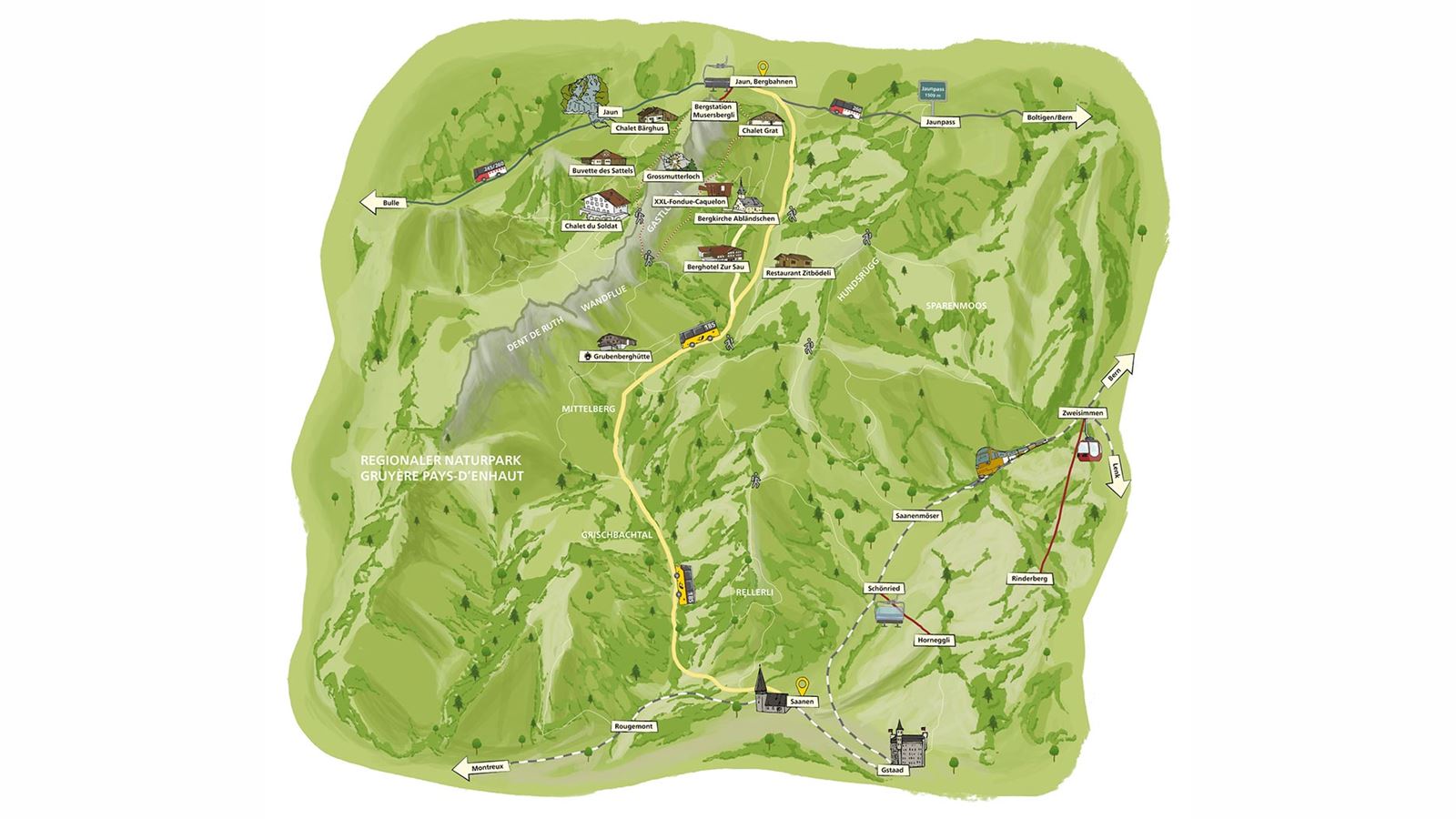 Carte dessinée sur laquelle on voit où la Ligne Mittelberg s’arrête partout.