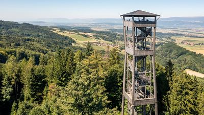 Drohnenaufnahme vom oberen Teil des Aussichtsturms Chutzenturm mit Blick über das Seeland bis zum Chasseral. @Mike Niederhauser Merlin Photography