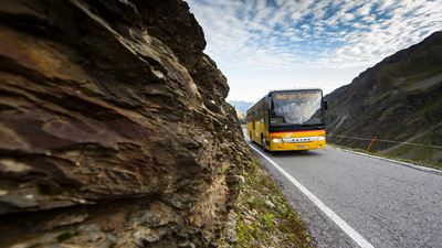 A Postbus travels on the Stelvio Pass.
