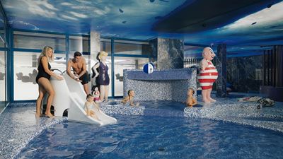 Paddling pool with children’s slide and Papa Moll figurine