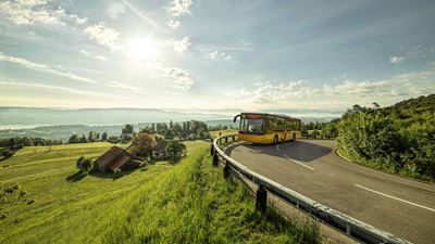 The Postbus travels over the Albis Pass in the direction of Hausen am Albis Post. Lake Zurich lies in the background.