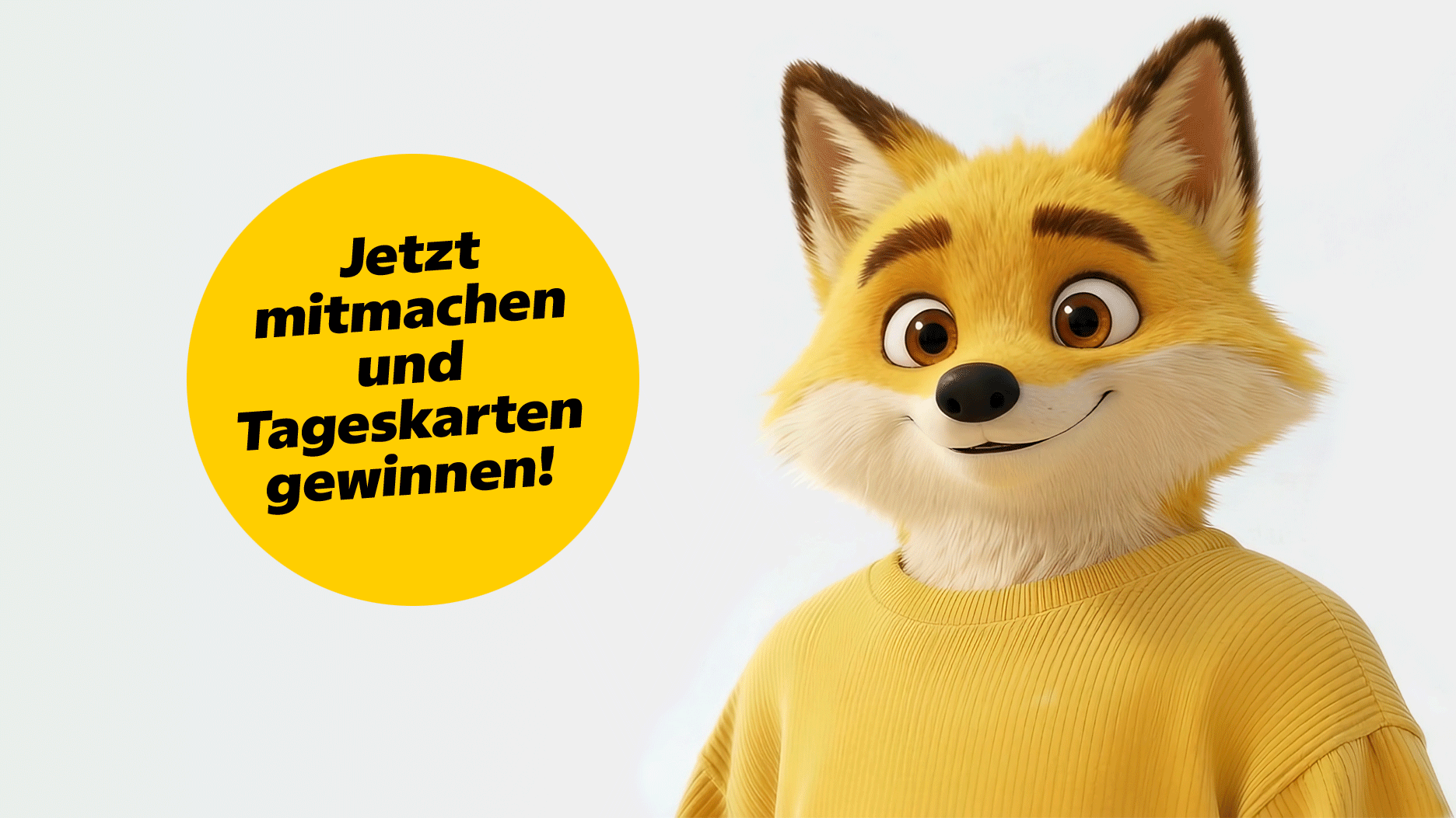 Illustration eines freundlichen, comicartigen Fuchses im gelben Pullover neben einem gelben Kreis mit der Aufschrift: ‚Jetzt mitmachen und Tageskarten gewinnen!