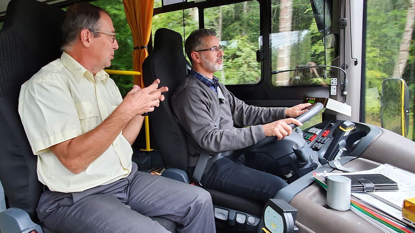 Jean-Claude Fayolle (left) with a driving student.